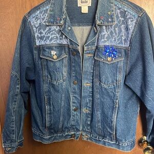 Vintage-Inspired Blue Lace Accent Denim Jacket with Crystal Embellishments